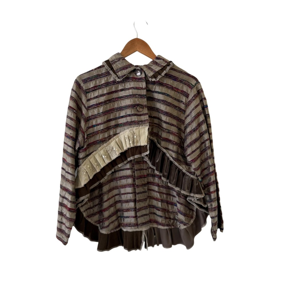Paris Chic Striped Ruffle Jacket Top Womens L Beige Silk Blend Boho Artsy Hi Lo